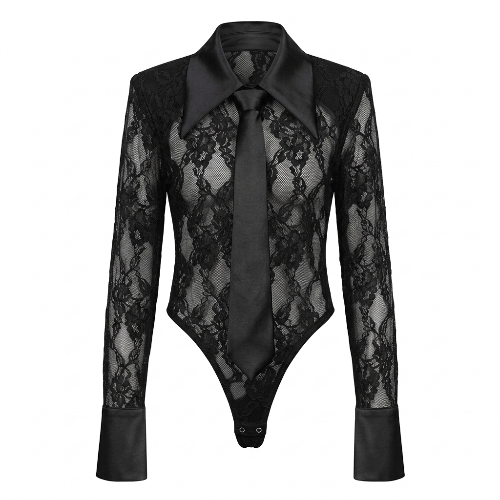 Body de encaje para mujer con cuello Peter Pan y lazo - Elegante y atrevido | Negro y blanco S M L