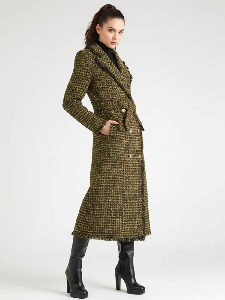"Upper East Side" Golden Plaid Trench Coat – Vegan Luxury Fashion | FuturaTrend