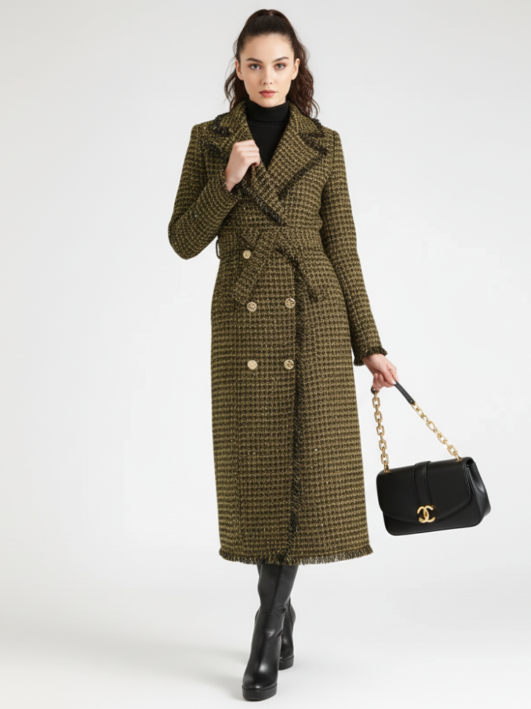 "Upper East Side" Golden Plaid Trench Coat – Vegan Luxury Fashion | FuturaTrend