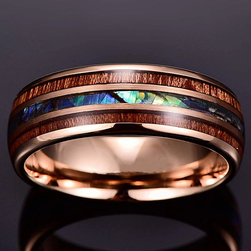 Bague Homme Rose Gold Bois Koa 8mm - Alliance Acier Inoxydable Nacre