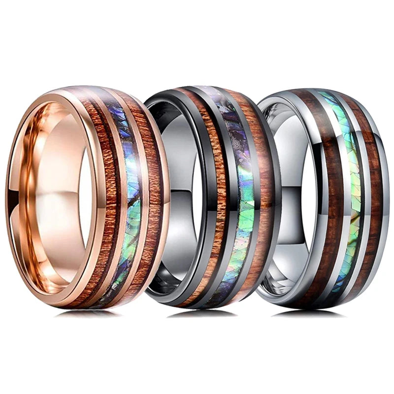 Bague Homme Rose Gold Bois Koa 8mm - Alliance Acier Inoxydable Nacre