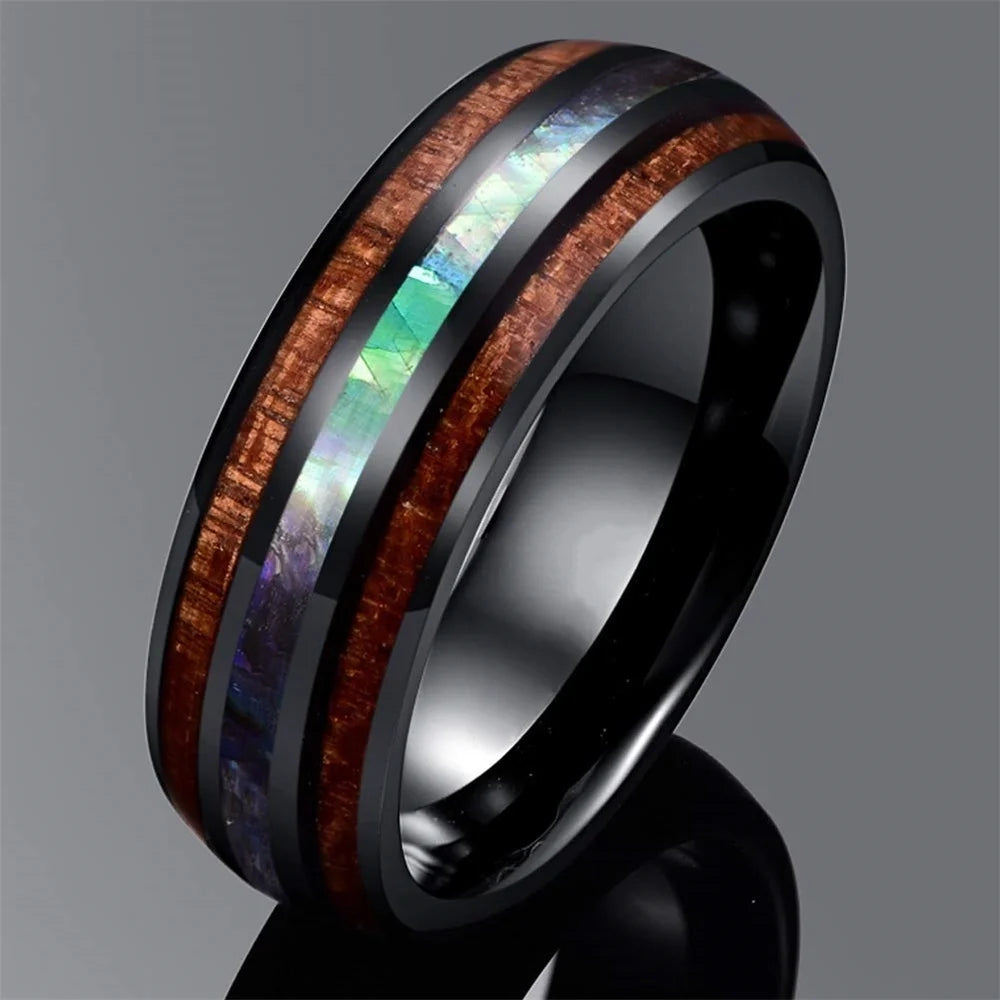 Bague Homme Rose Gold Bois Koa 8mm - Alliance Acier Inoxydable Nacre