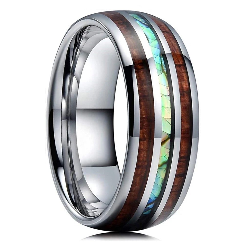 Bague Homme Rose Gold Bois Koa 8mm - Alliance Acier Inoxydable Nacre