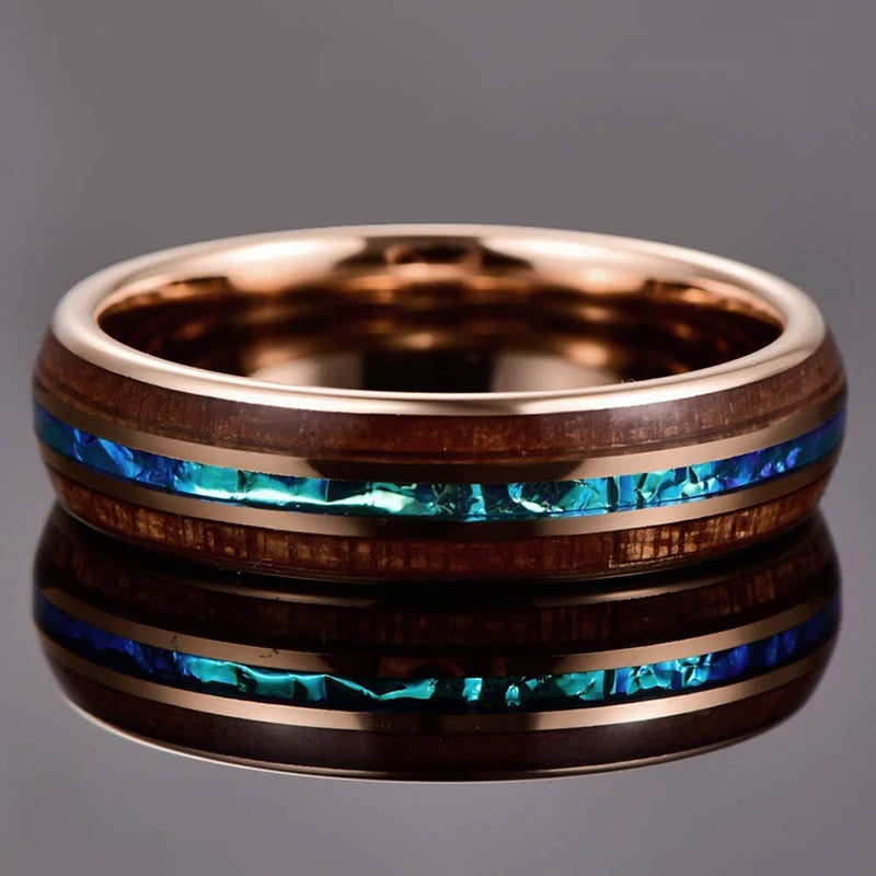 Bague Homme Rose Gold Bois Koa 8mm - Alliance Acier Inoxydable Nacre