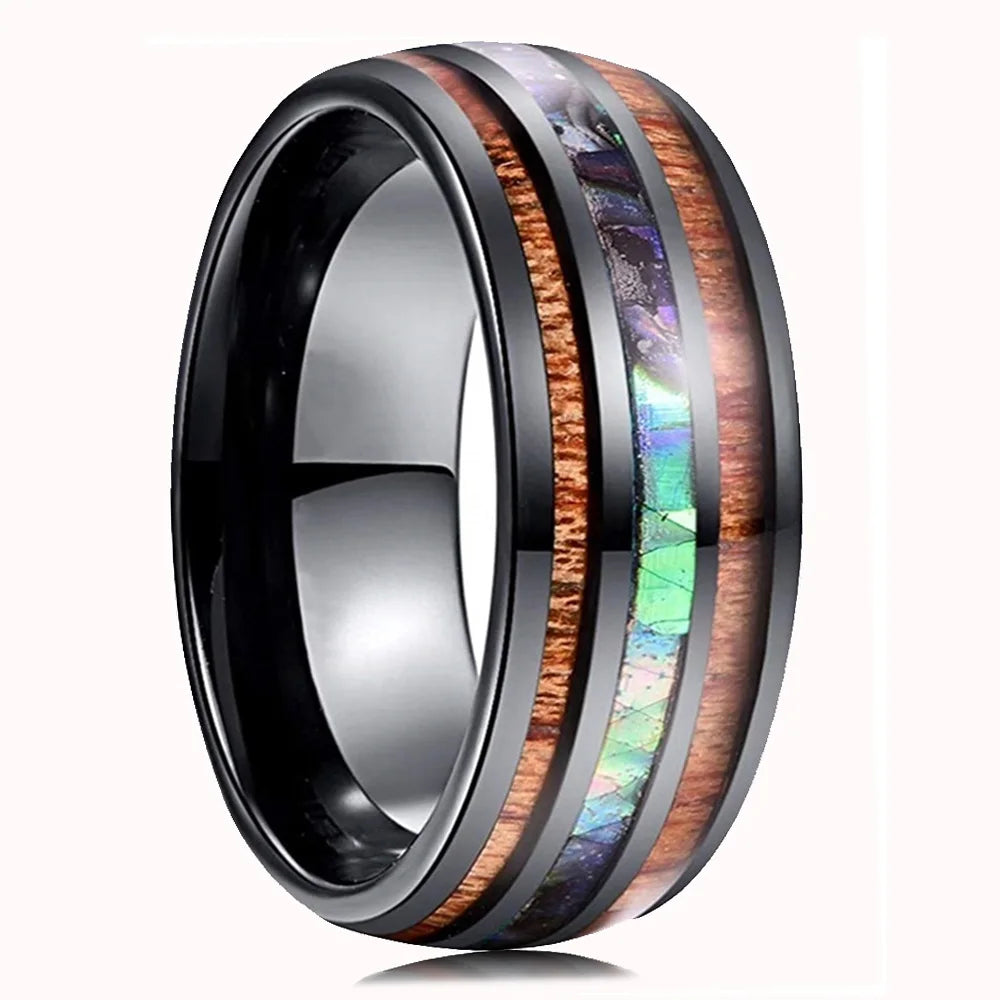 Bague Homme Rose Gold Bois Koa 8mm - Alliance Acier Inoxydable Nacre