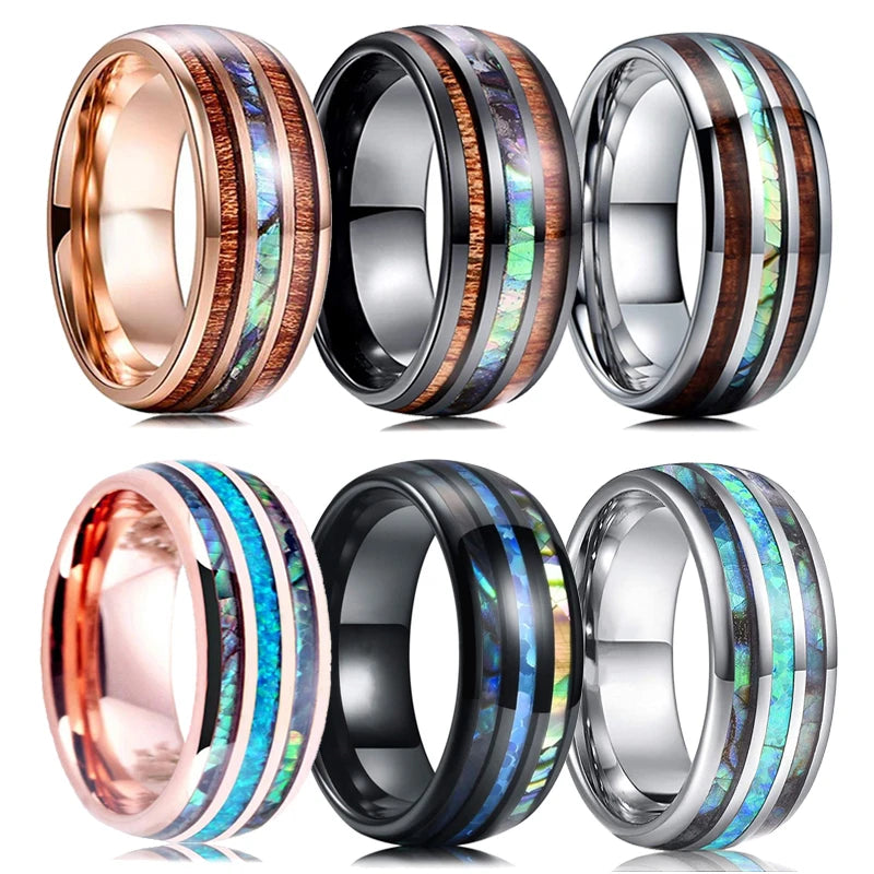 Bague Homme Rose Gold Bois Koa 8mm - Alliance Acier Inoxydable Nacre