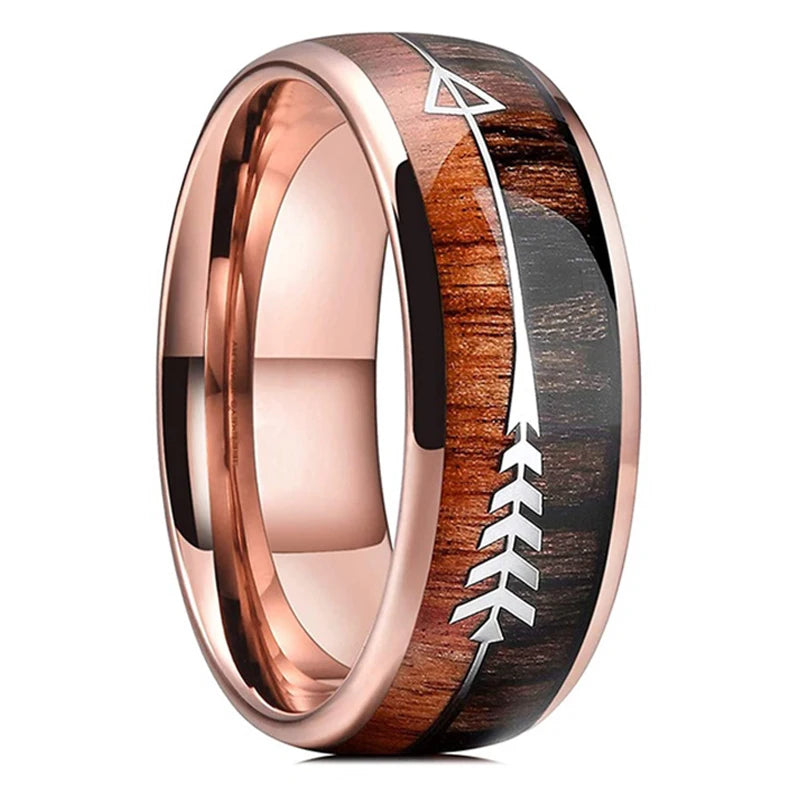 Bague Homme Rose Gold Bois Koa 8mm - Alliance Acier Inoxydable Nacre