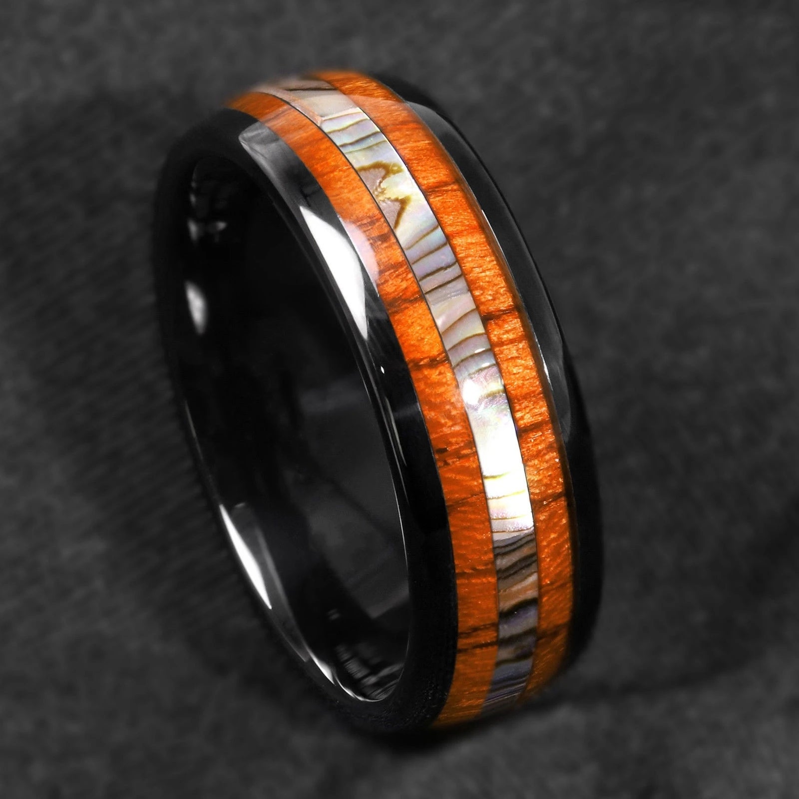 Bague Homme Rose Gold Bois Koa 8mm - Alliance Acier Inoxydable Nacre