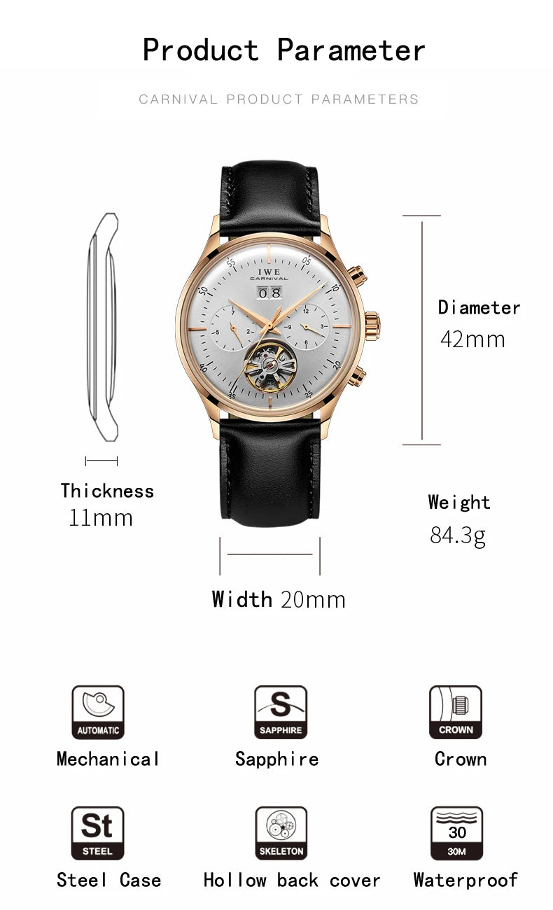 Montre Homme Automatique Cuir & Verre Saphir — Mécanique Luxury 3ATM