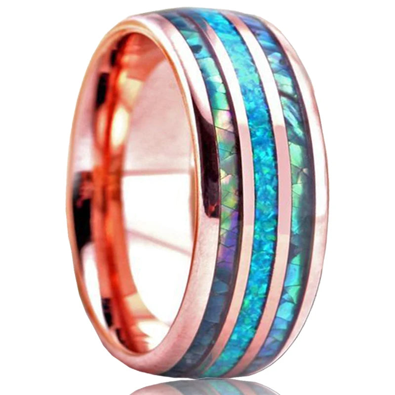Bague Homme Rose Gold Bois Koa 8mm - Alliance Acier Inoxydable Nacre