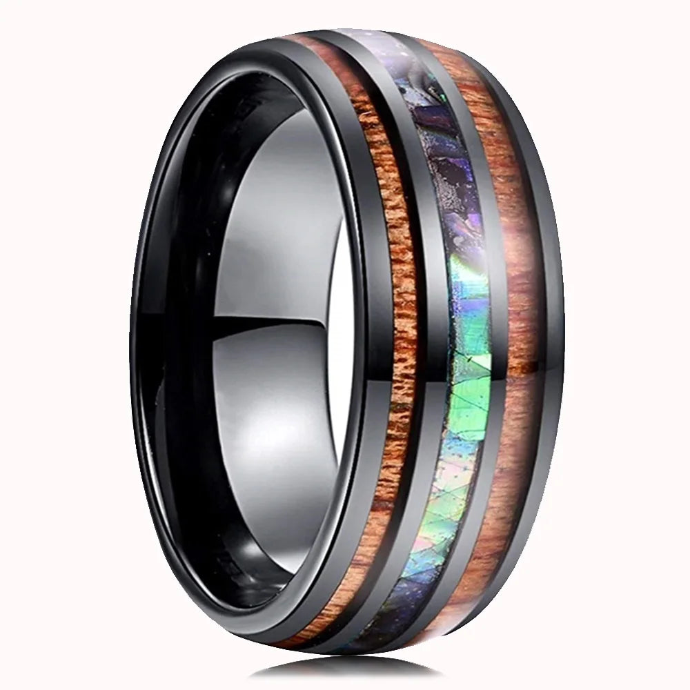 Bague Homme Rose Gold Bois Koa 8mm - Alliance Acier Inoxydable Nacre