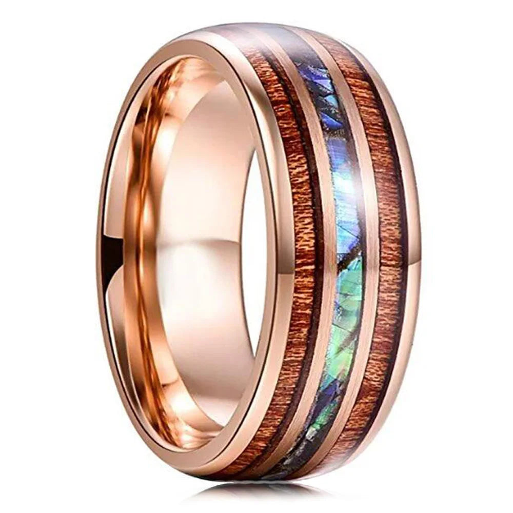 Bague Homme Rose Gold Bois Koa 8mm - Alliance Acier Inoxydable Nacre
