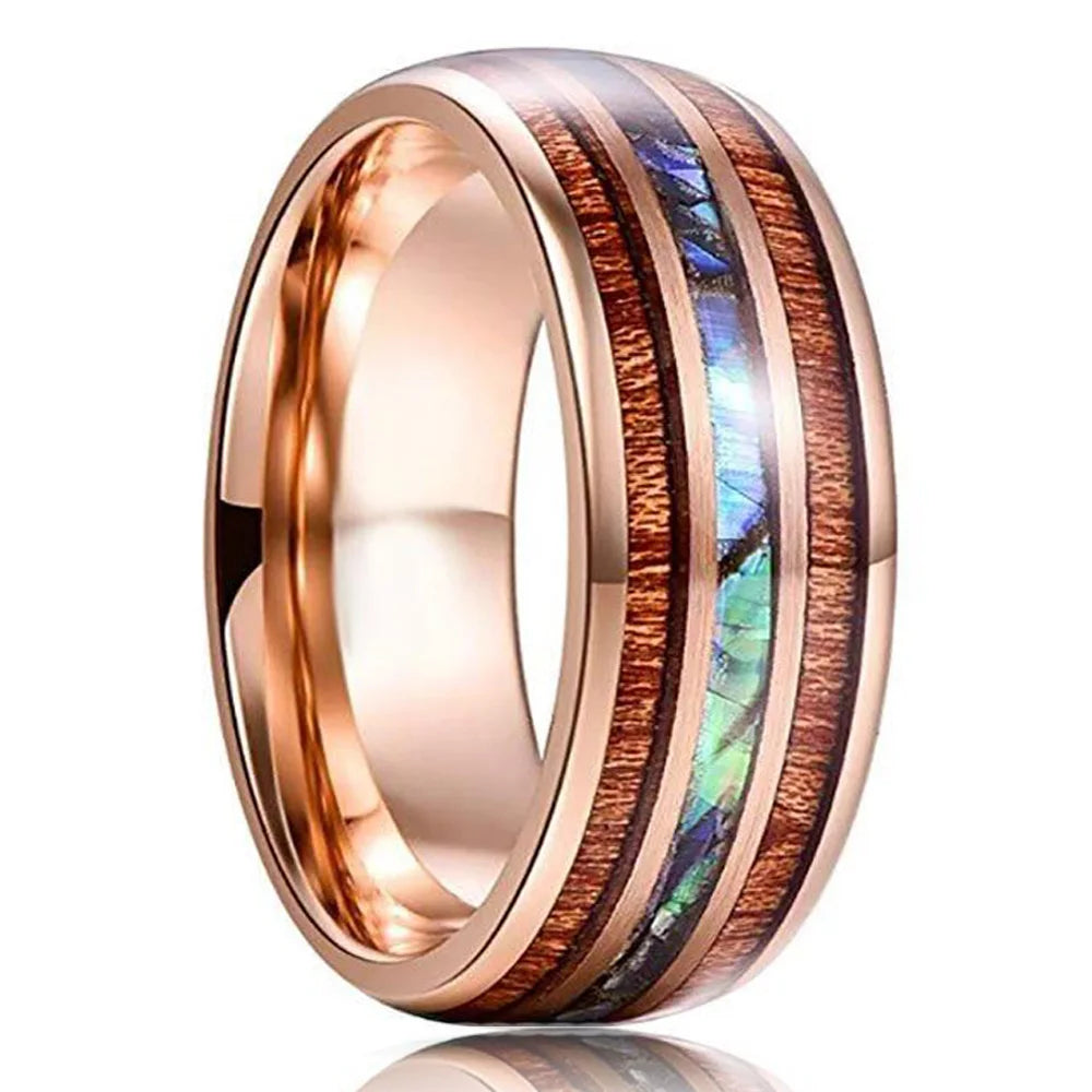 Bague Homme Rose Gold Bois Koa 8mm - Alliance Acier Inoxydable Nacre