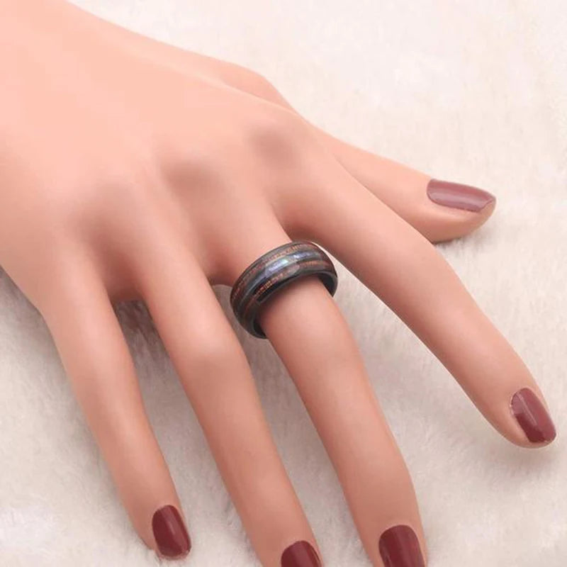 Bague Homme Rose Gold Bois Koa 8mm - Alliance Acier Inoxydable Nacre