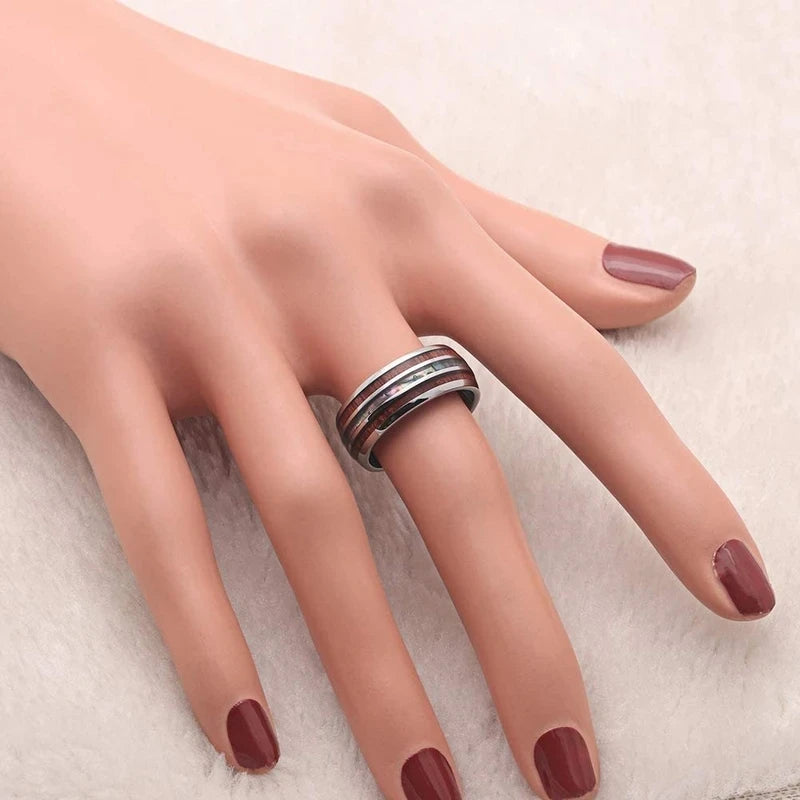 Bague Homme Rose Gold Bois Koa 8mm - Alliance Acier Inoxydable Nacre