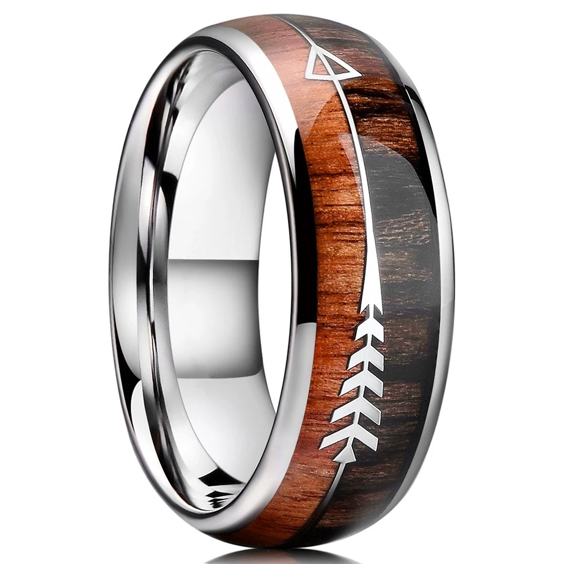 Bague Homme Rose Gold Bois Koa 8mm - Alliance Acier Inoxydable Nacre