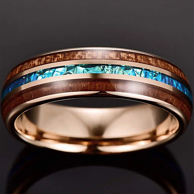 Bague Homme Rose Gold Bois Koa 8mm - Alliance Acier Inoxydable Nacre