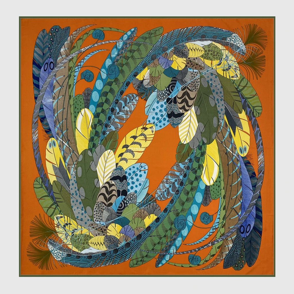 Foulard Carré Soie Twill Motif Plume 90cm — Légèreté Luxury FuturaTrend