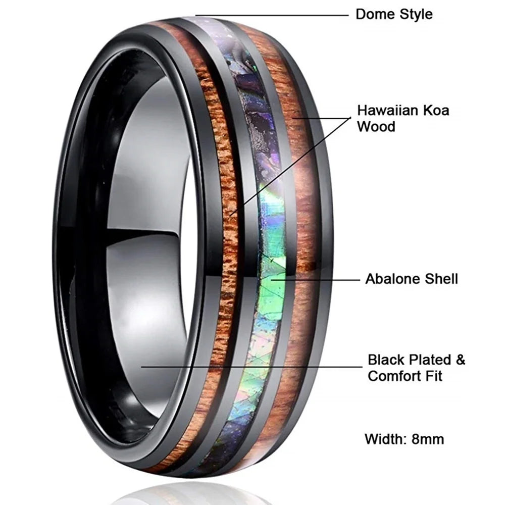Bague Homme Rose Gold Bois Koa 8mm - Alliance Acier Inoxydable Nacre