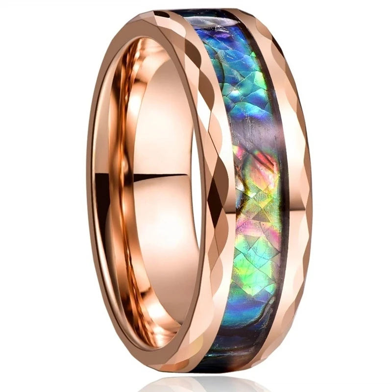Bague Homme Rose Gold Bois Koa 8mm - Alliance Acier Inoxydable Nacre
