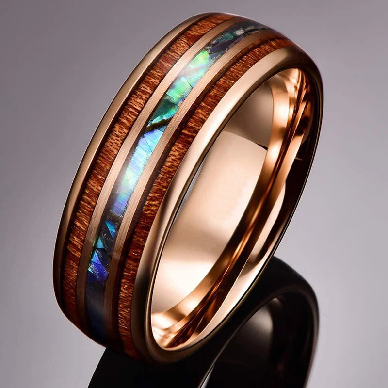 Bague Homme Rose Gold Bois Koa 8mm - Alliance Acier Inoxydable Nacre