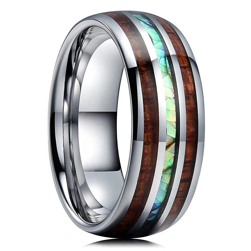 Bague Homme Rose Gold Bois Koa 8mm - Alliance Acier Inoxydable Nacre