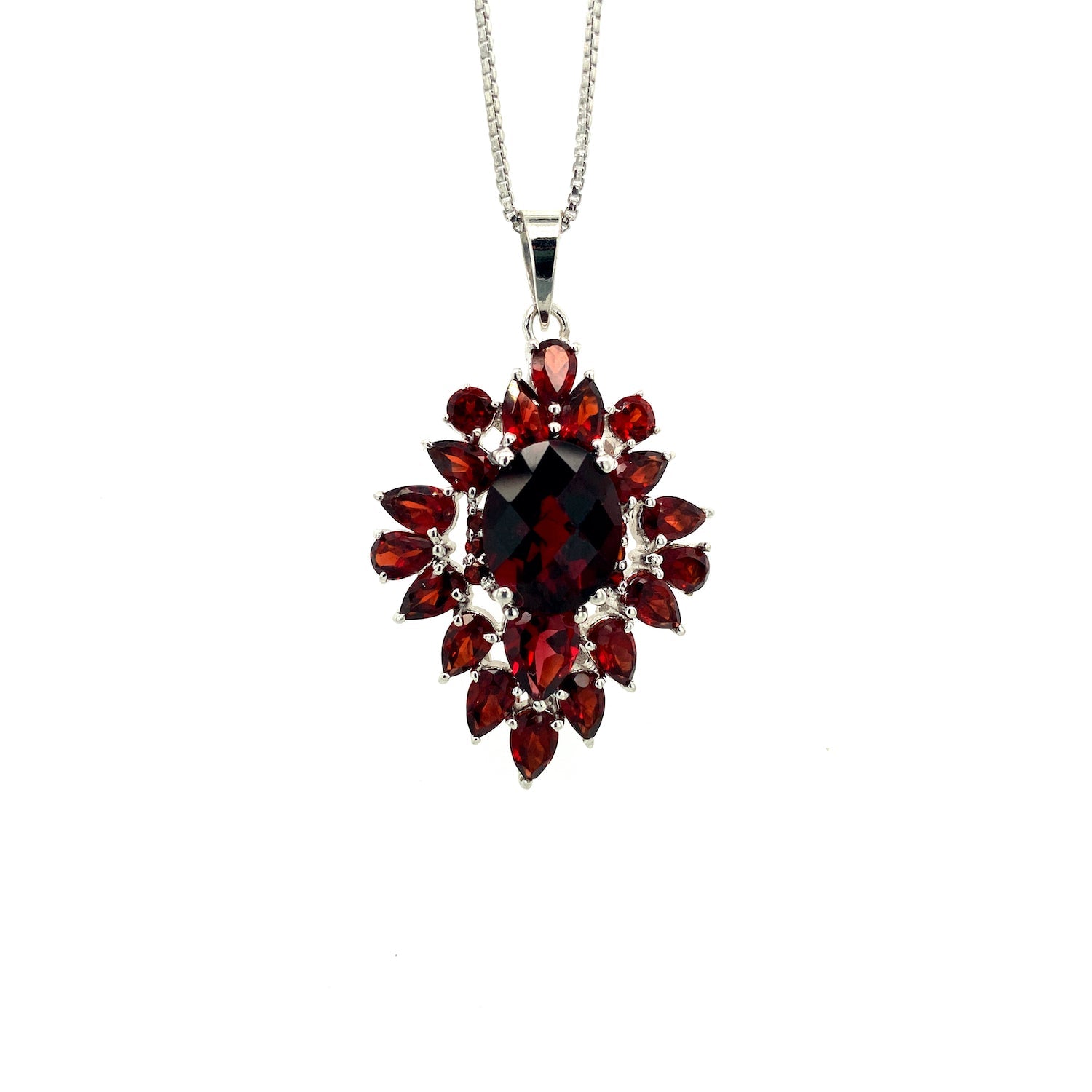 Pendentif Femme Grenat Design Floral – Argent 925 Plaqué Rhodium | Fait Main