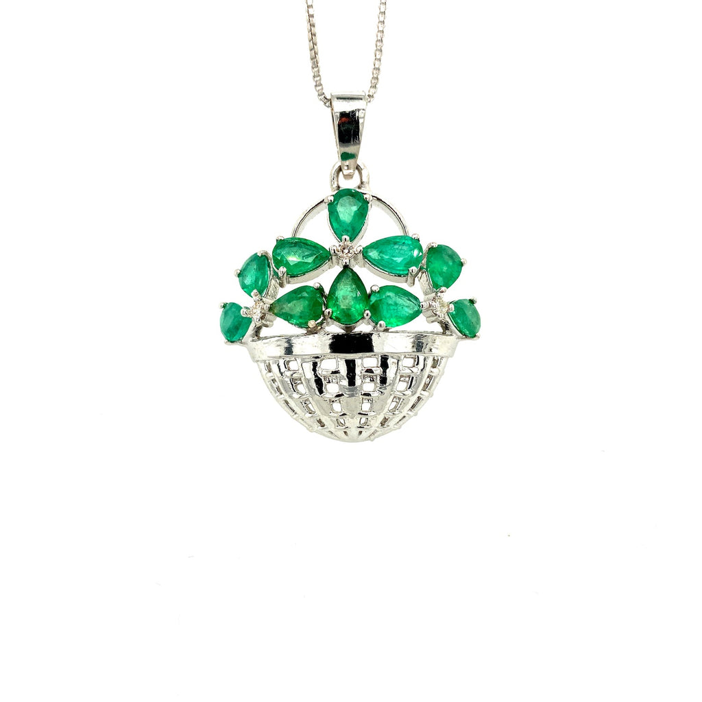 Pendentif Émeraude Design Floral – Argent 925 Plaqué Rhodium