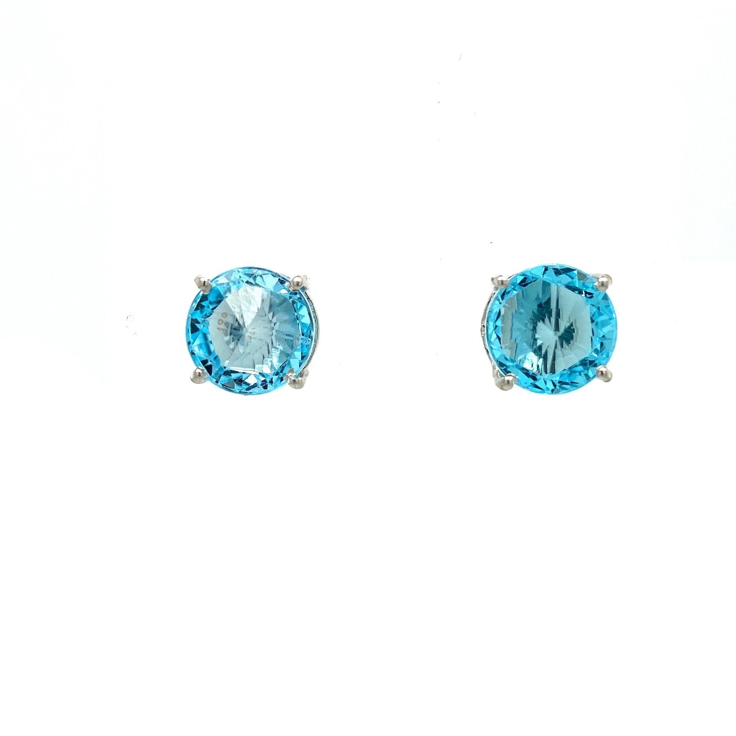 Boucles d'Oreilles Clous Blue Topaz Taille Ronde – Argent 925 Plaqué Rhodium