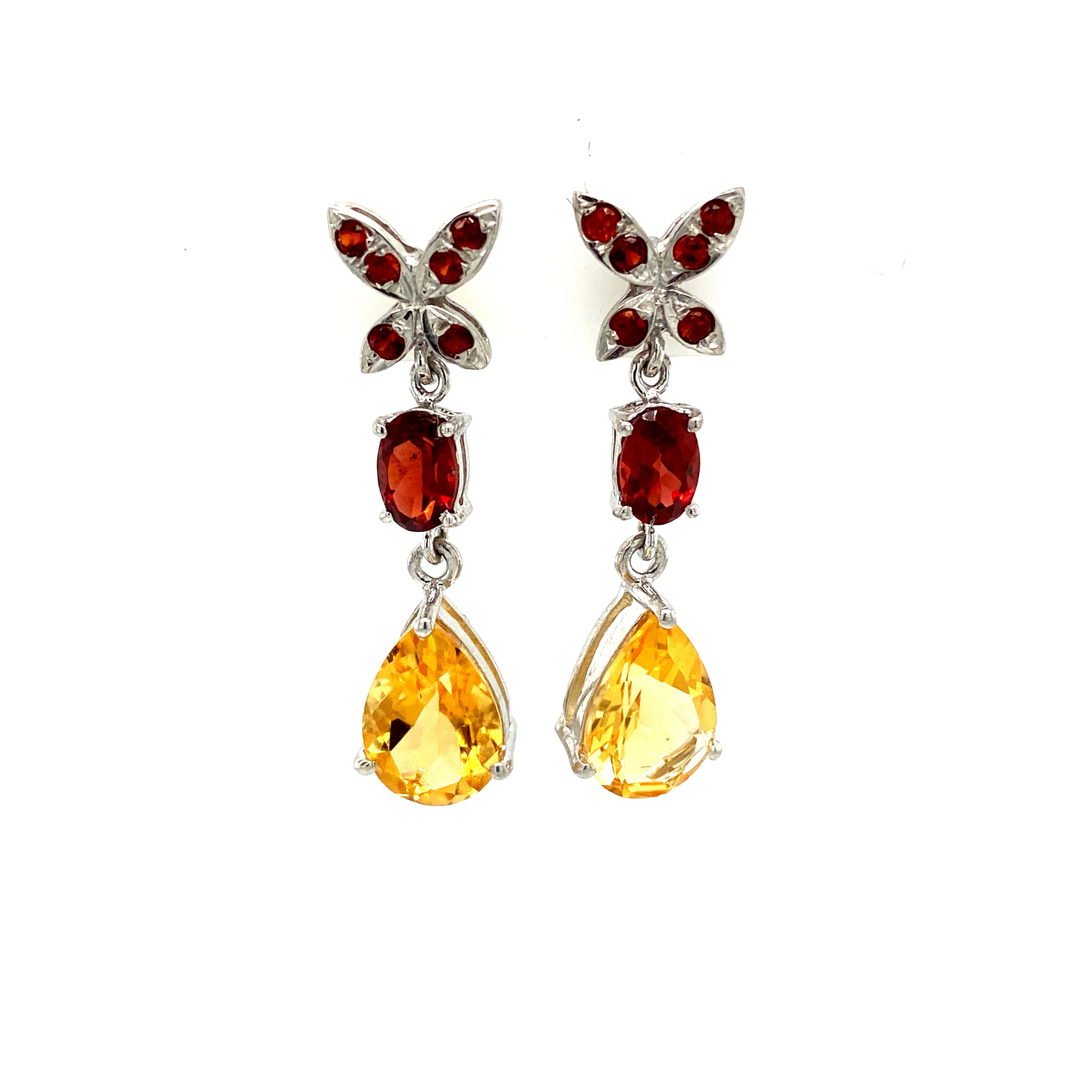 Boucles d’Oreilles Pendantes Femme Argent 925 – Grenats & Citrines Plaqué Rhodium