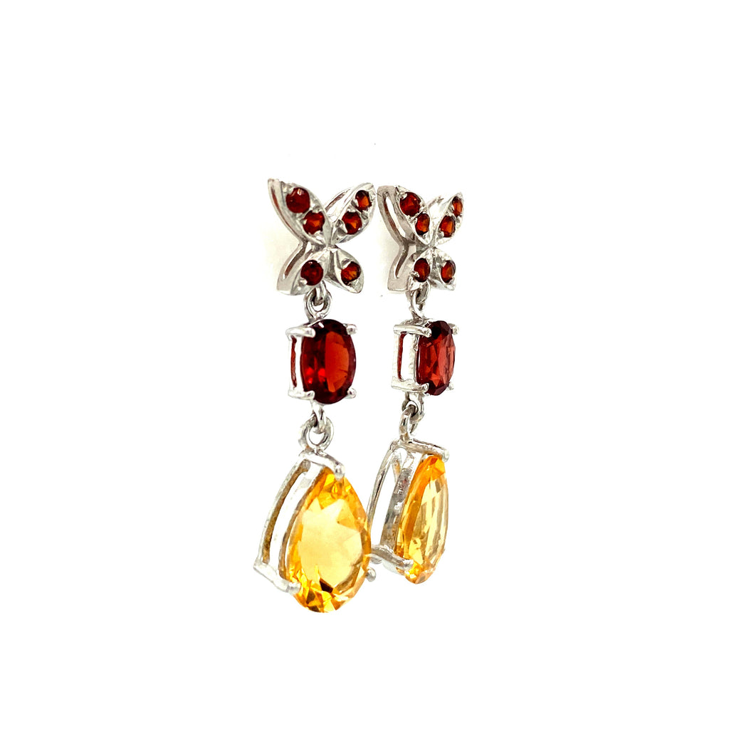 Boucles d’Oreilles Pendantes Femme Argent 925 – Grenats & Citrines Plaqué Rhodium