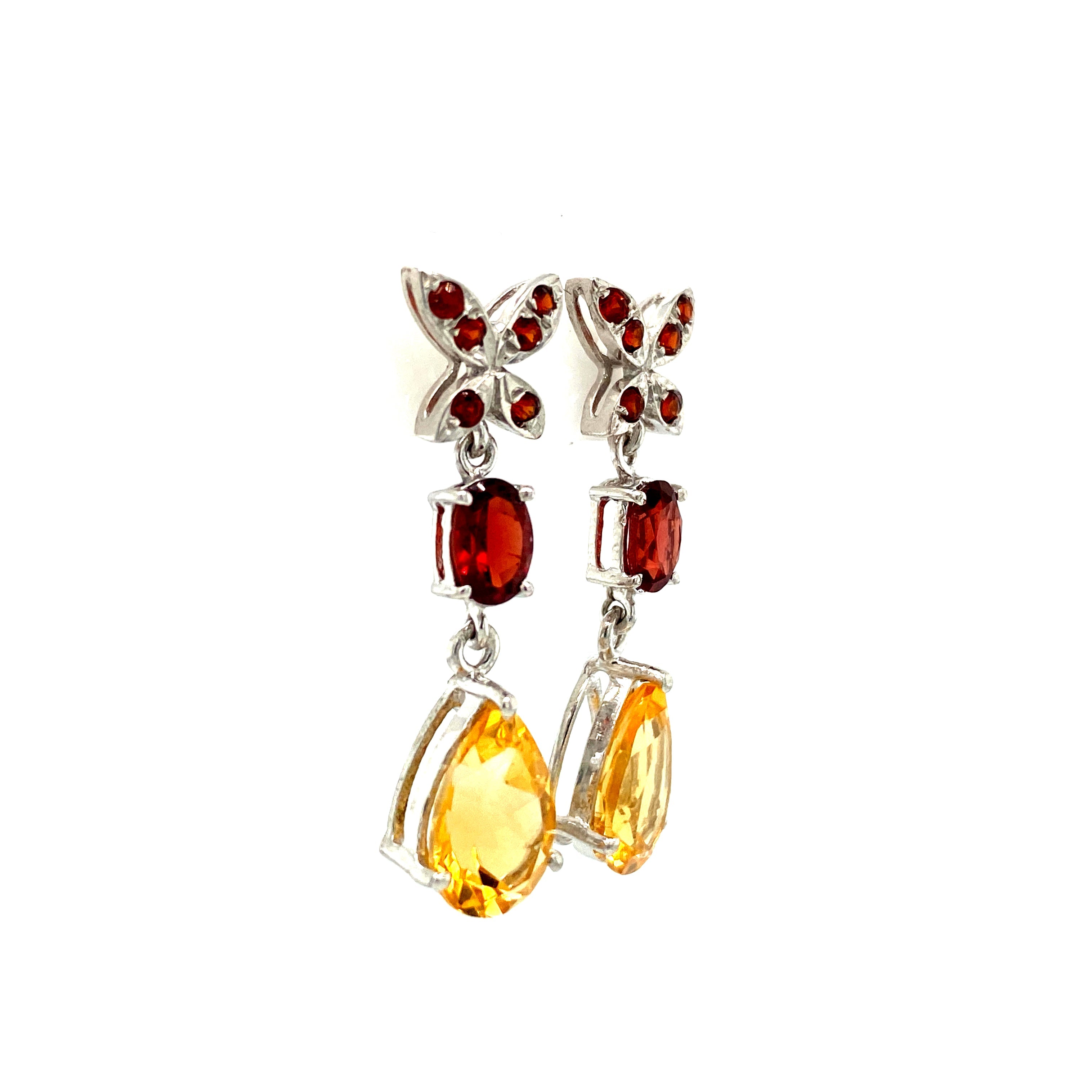 Boucles d’Oreilles Pendantes Femme Argent 925 – Grenats & Citrines Plaqué Rhodium