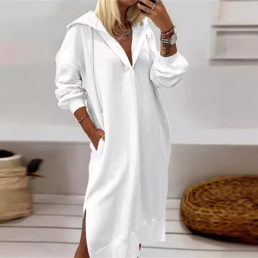 Robe Maxi Tricot à Capuche Fendue — Femme, Coupe Longue, Blanc