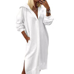 Robe Maxi Tricot à Capuche Fendue — Femme, Coupe Longue, Blanc