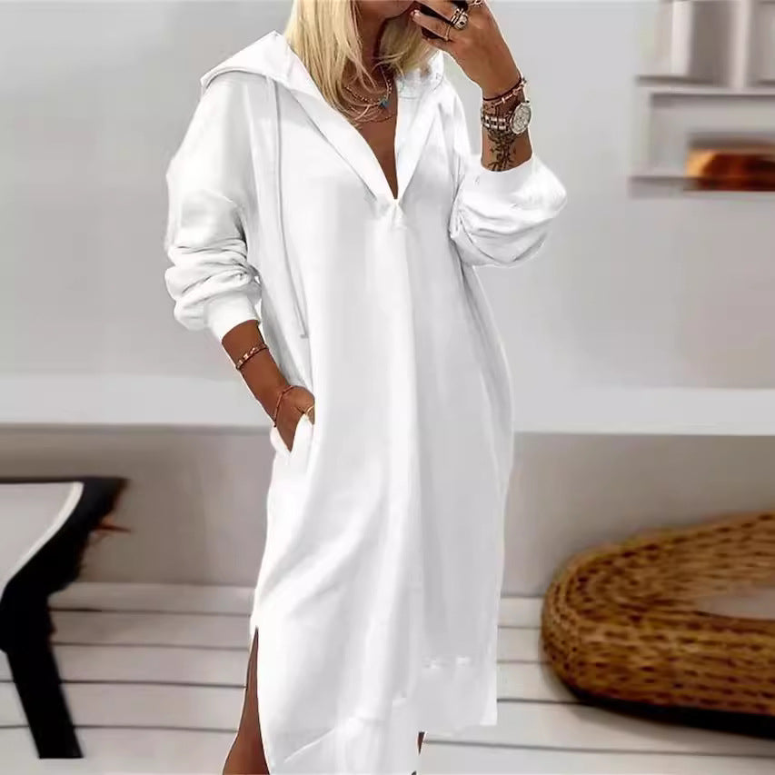 Robe Maxi Tricot à Capuche Fendue — Femme, Coupe Longue, Blanc