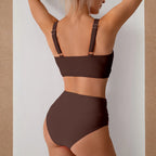 Bikini sexy de cintura alta con fruncido frontal y detalle retorcido para mujer - Traje de baño de dos piezas que estiliza la figura para la playa en verano.