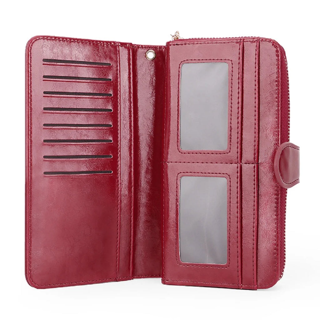 Glossy Waxed Leather Wallet — Long Clutch with FuturaTrend Wrist Strap