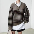 Pull Col V 100% Laine Rayé Premium Femme — Oversize, Manches Longues, Automne/Hiver