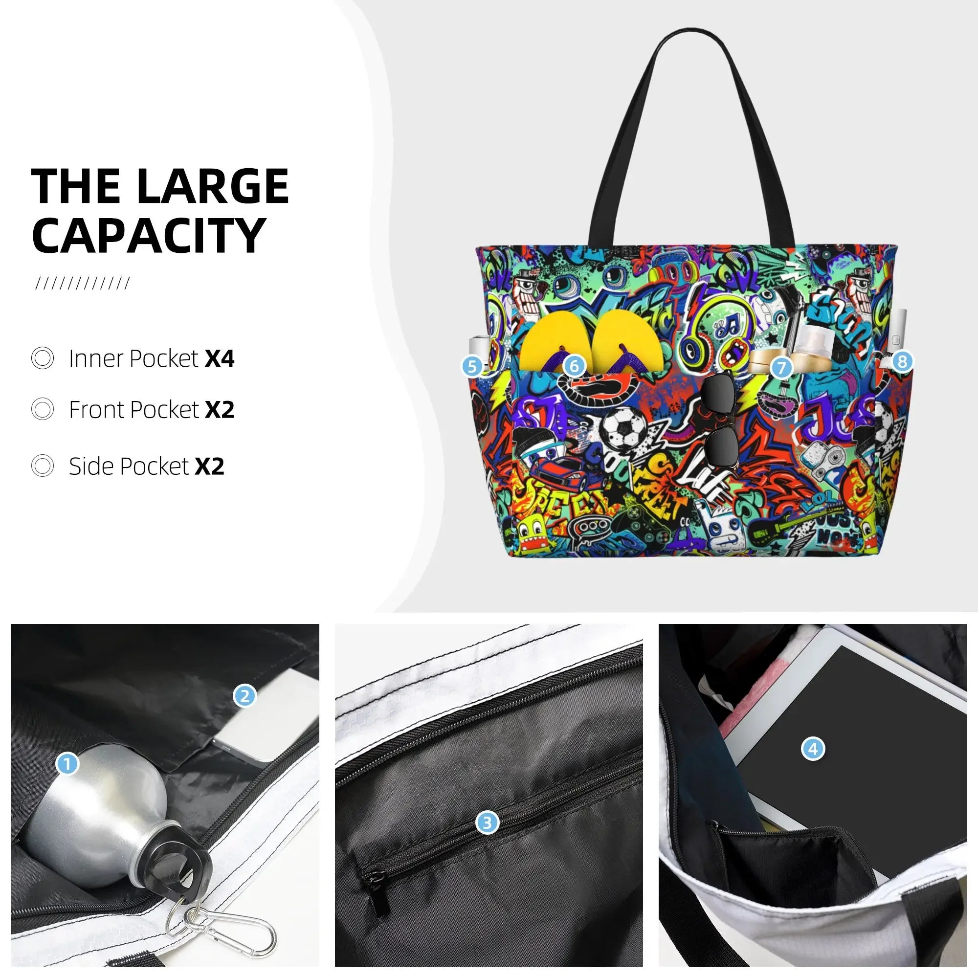 Sac de Plage Tote Graffiti Imperméable - Grande Capacité Voyage Femme