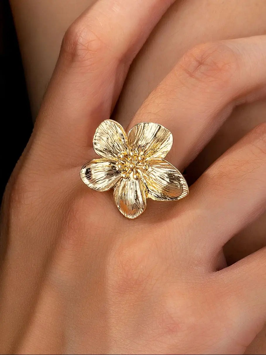 Bague Fleur Métal Ajustable - Design Ouvert Élégant Quotidien