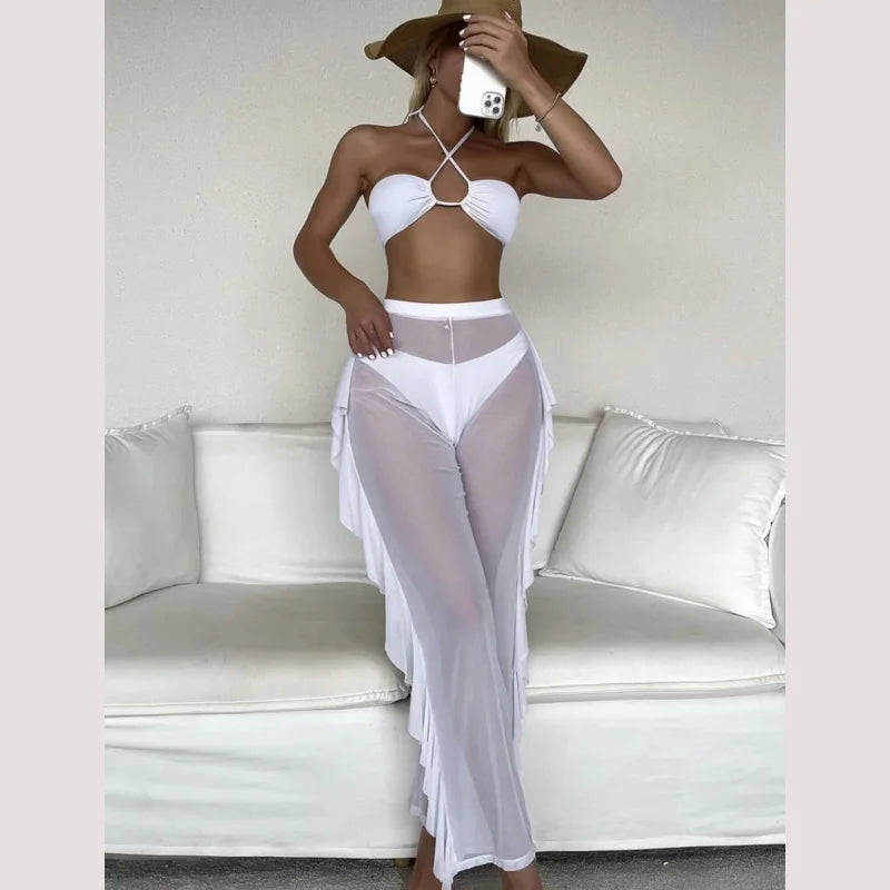 Bikini et Cover Up Ensemble Femme Criss Cross Halter - Maillot de Bain Bandeau avec Pantalon Volanté