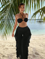 Conjunto de bikini y pareo para mujer con escote halter cruzado - Traje de baño tipo bandeau con pantalones con volantes