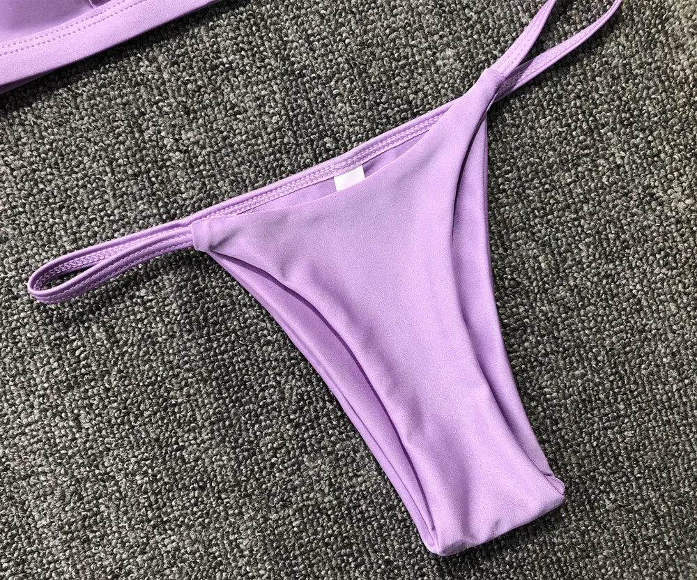 Bikini Femme Couleur Unie Deux Pièces - Maillot de Bain Taille Basse Ajustable
