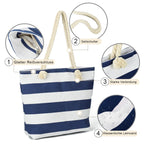 Striped Canvas Tote Beach Bag - Large Capacity Shoulder Shopping Bag for Women