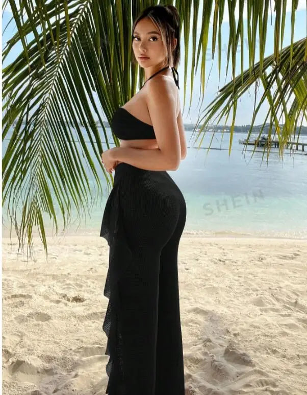 Bikini et Cover Up Ensemble Femme Criss Cross Halter - Maillot de Bain Bandeau avec Pantalon Volanté