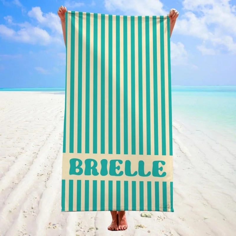 Serviette de Plage Personnalisée Prénom Rayée Microfibre - Absorbante Anti-Sable Cadeau