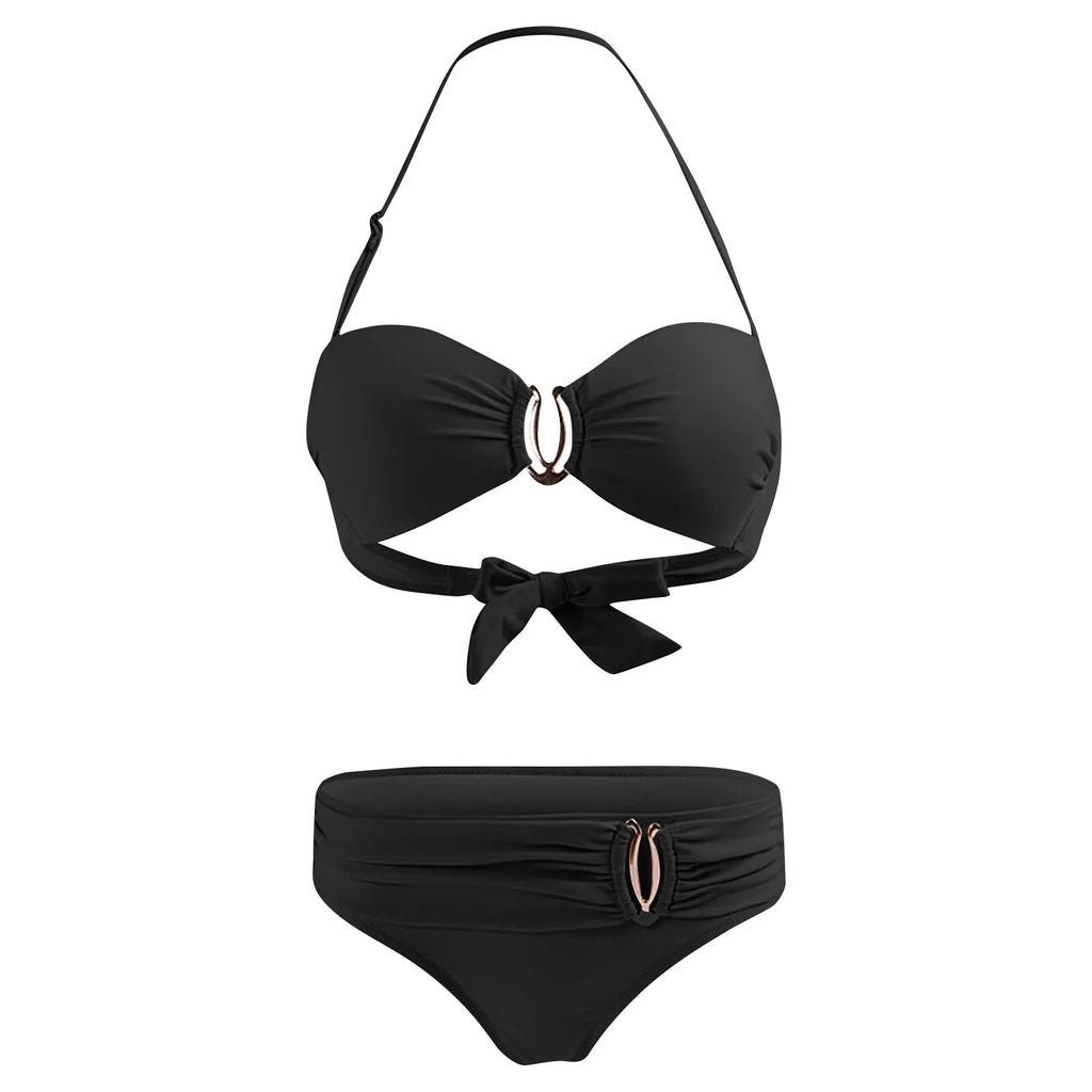 Bikini Femme Sexy Dos Nu Couleur Unie - Maillot de Bain Deux Pièces Col Halter Taille Basse Plage