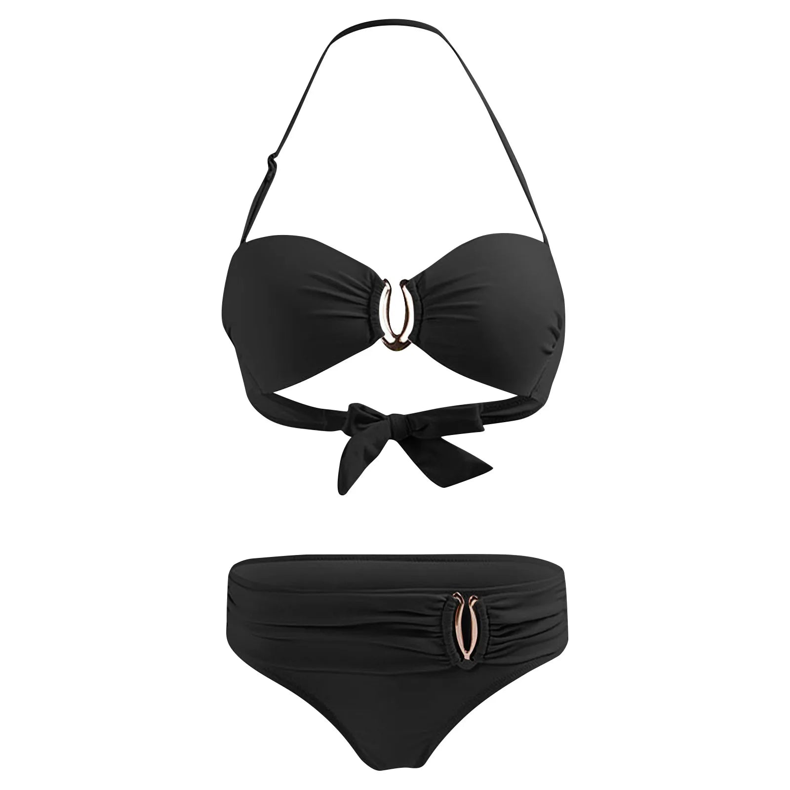 Bikini Femme Sexy Dos Nu Couleur Unie - Maillot de Bain Deux Pièces Col Halter Taille Basse Plage