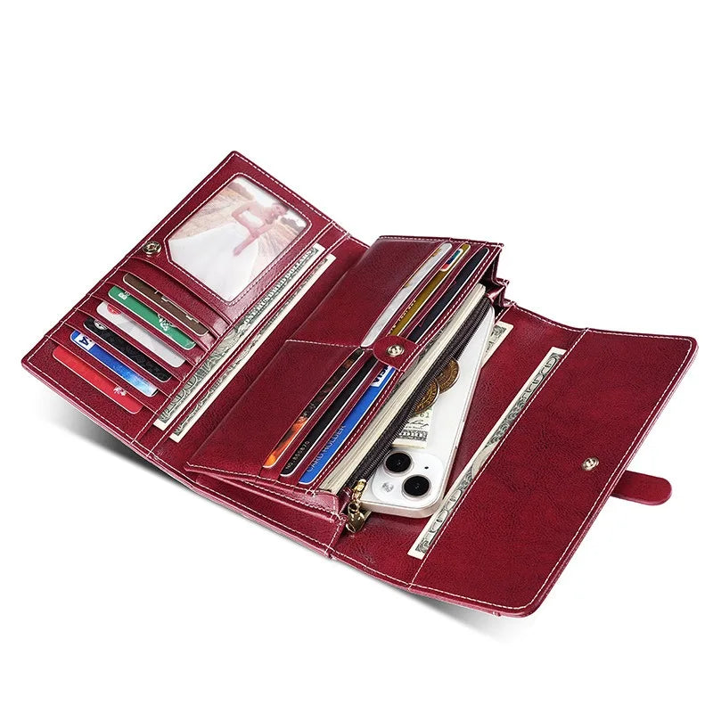 Cartera de Piel Encerada para Mujer RFID — Cartera de Mano Retro Multifunción FuturaTrend