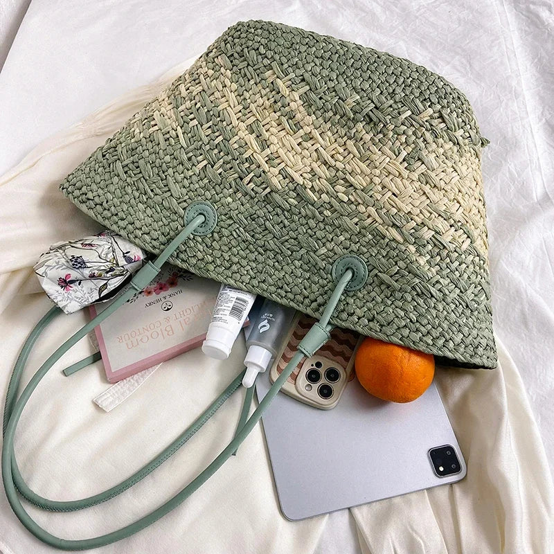 Sac de Plage Paille Tressé Main - Grande Capacité Dégradé Voyage Femme
